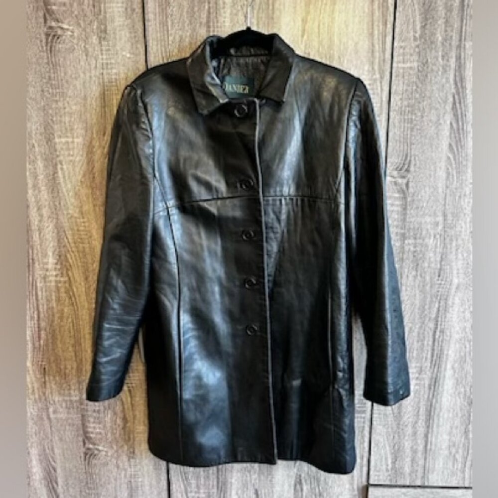 DANIER Black Genuine Leather Button Up Jacket. Size L